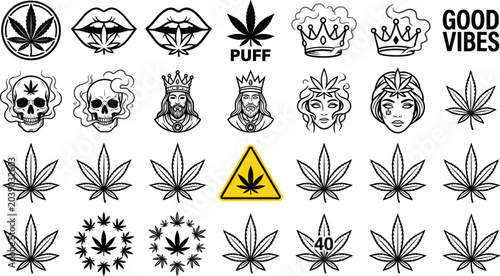 Bild auf Leinwand Cannabis Marijuana Leaf and Smoke Culture Icons Set Black White Tattoo Style Goo