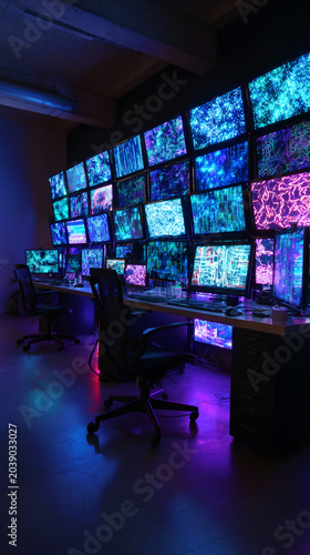 hacker computer with blue neon programming code, futuristic hacker workstation with glowing cyber code, cybersecurity programming interface in blue neon light