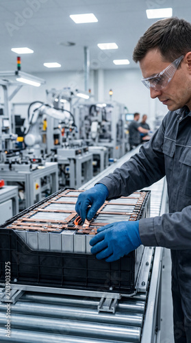 Male technician in safety goggles and gloves assembles battery pack components on production line in modern manufacturing facility with machinery in the background