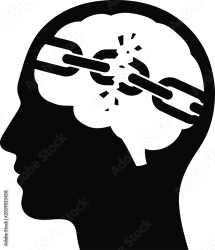 Tableau sur toile Silhouette of human head profile with brain and broken chain inside symbolizing mental freedom, psychological healing, overcoming addiction and breaking bad habits