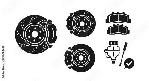 Car Brake System Components Icon Set - Disc, Caliper, Pads, Fluid Reservoir