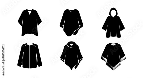 Black Poncho and Cape Icons, Vector Clothing Silhouettes for Fashion Design