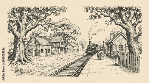 Tableau sur toile Vintage train station scene with steam engine and passengers waiting on platform