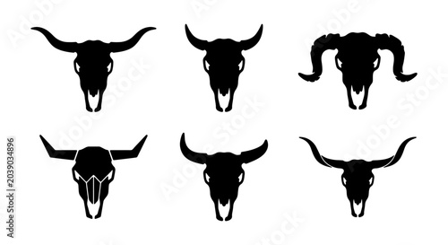 Set of Six Bull Skull Silhouettes, Western Animal Icons, Tribal Vector Graphics