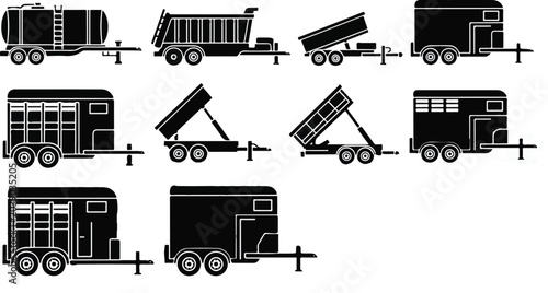 A collection of black and white silhouette vector icons displaying heavy-duty industrial trailers, including hydraulic dump, tanker, and livestock transport models.