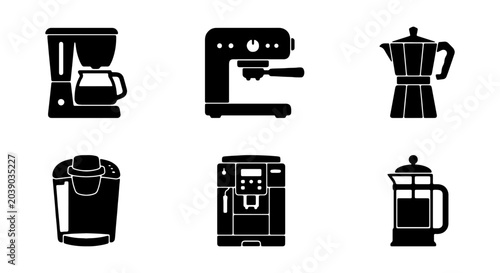 Coffee Maker Icons Set: Espresso Machine, Drip, French Press, Moka Pot, Grinder