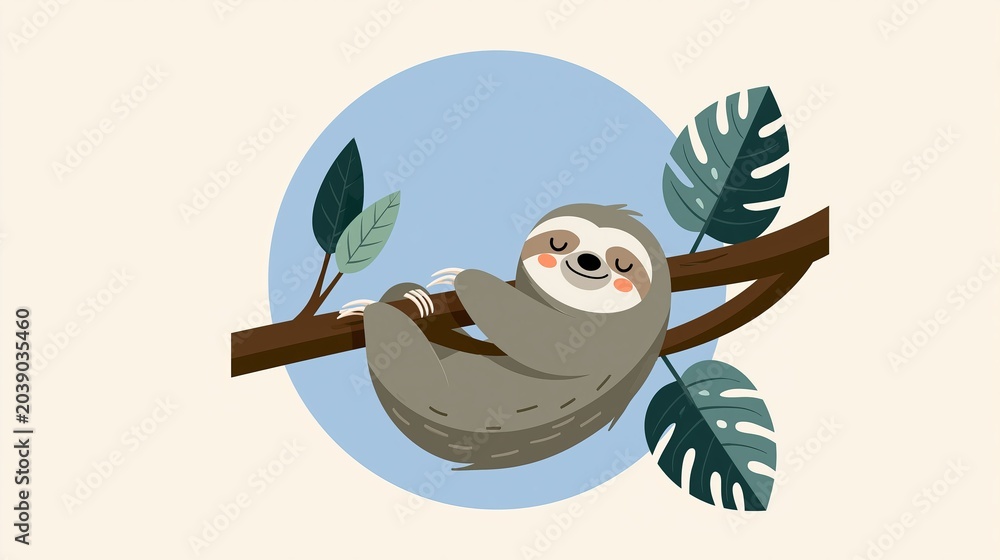 Fototapeta premium Cartoon sloth on a tree. This animal icon is in a simple, flat style, perfect for websites, ads, or stickers.
