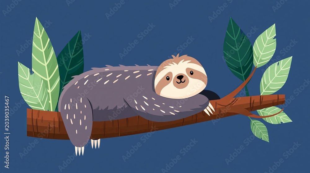 Fototapeta premium Cartoon sloth on a tree. This animal icon is in a simple, flat style, perfect for websites, ads, or stickers.