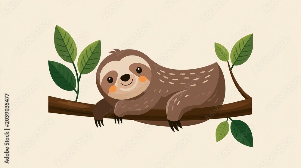 Fototapeta premium Cartoon sloth on a tree. This animal icon is in a simple, flat style, perfect for websites, ads, or stickers.