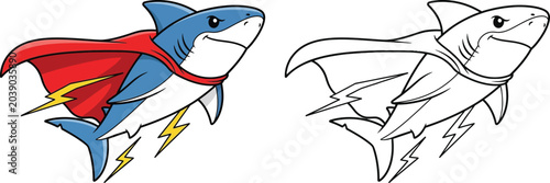 Bild auf Leinwand Super Shark with Red Cape and Lightning Bolts Cartoon Hero