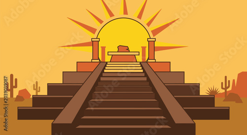 Obraz na płótnie Ancient stone temple monument and altar with steep stairs leading to a glowing bright golden sun radiating beams over a vast desert landscape with cactus plants
