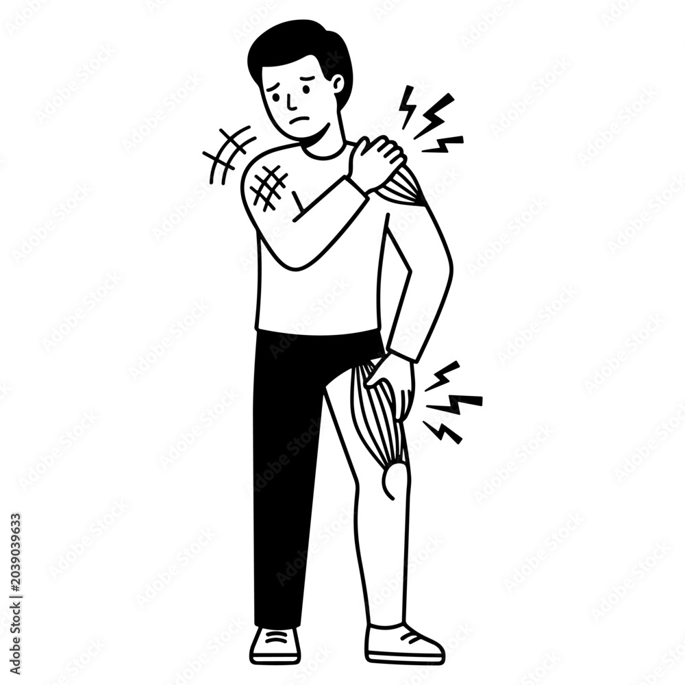 Fototapeta premium man with muscle pain illustration showing shoulder and thigh discomfort on transparent background