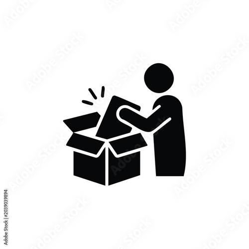 Person unpacking a box for home delivery or retail logistics icon style.