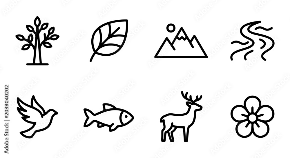 Obraz premium Nature Icons Set: Tree, Leaf, Mountains, River, Bird, Fish, Deer, Flower Vector Graphics