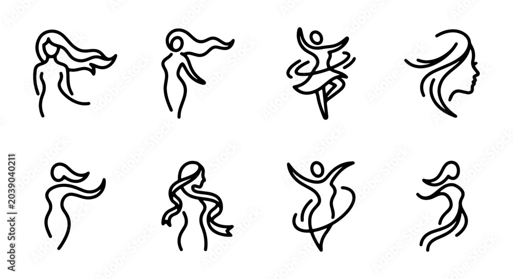 Fototapeta premium Elegant Female Silhouette Icons, Dancing Woman Vector Graphics, Graceful Body Line Art Collection