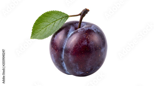 A single ripe plum with a green leaf and stem, isolated on a white background