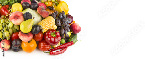 Abundant assortment of fresh organic fruits and vegetables isolated on a pure white background, featuring a colorful mix of healthy harvest produce with generous copy space.