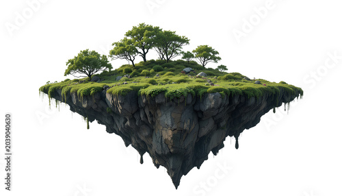 Floating Island with Rocky Cliff and Green Moss isolated on transparent background