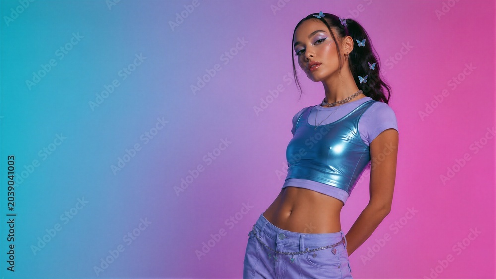 Fototapeta premium Young woman with butterfly hair clips posing in y2k style outfit. Girl wearing shiny metallic blue top with purple background. Nostalgic fashion trend from the year 2000. Retro aesthetic