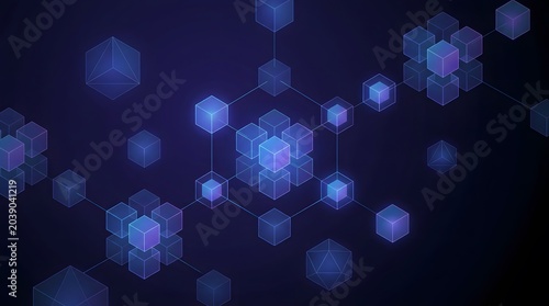 Abstract futuristic digital network of glowing blue cubes and connections on dark background