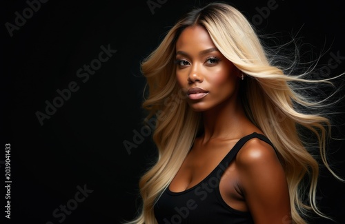 Attractive African American woman with long blonde hair and makeup poses in a studio with a dark background. Her stylish look conveys elegance and confidence. The photo is well-lit and artistic.