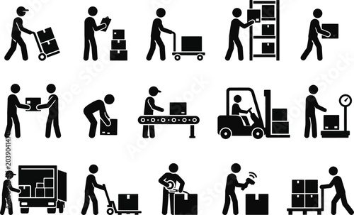 Warehouse Logistics and Shipping Stick Figures Set