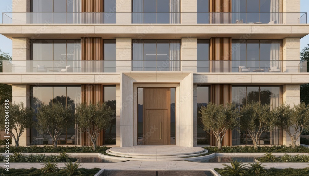 Fototapeta premium Beige stone building entrance showcases symmetrical balconies with glass railings and wood accents near olive trees and small water features