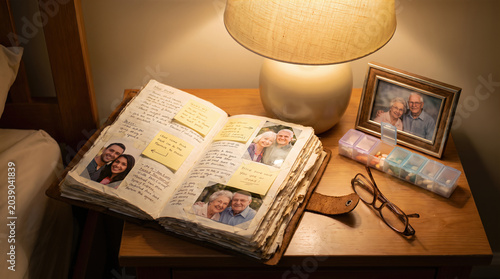 Worn open scrapbook with handwritten notes and photos of a man and woman on a bedside table next to a lamp, pill organizer and glasses. Memory loss concept for elderly care
