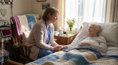 Caregiver woman holding hands with elderly woman in bed at home. Compassionate home care concept for senior citizen and nursing. Supporting patient with knitted blanket
