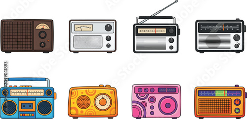 Fotografía Retro Vintage Radio Set Collection Classic Antique Boombox FM Music Player Flat
