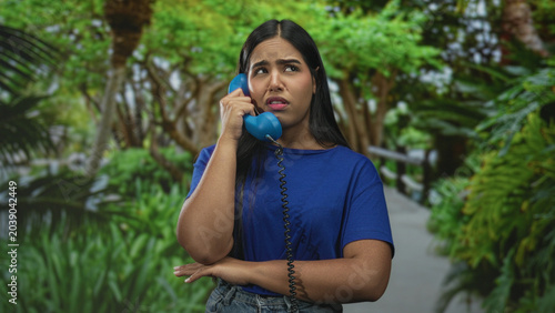 Valokuva Young hispanic woman holds blue handset to ear with crossed arms on forest path, grimacing in annoyance; annoyance communication