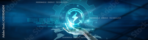 Foto Hand holding global network connection on renewable energy technology, sustainable solutions, smart grids, clean power, innovative systems, technology, and futuristic advancements