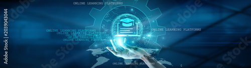 Tableau sur toile Hand holding global network connection on online learning platforms, virtual classrooms, distance education, e-learning tools, digital resources, technology, and futuristic innovations in education