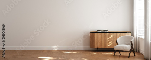 Bild auf Leinwand Minimalist modern living room interior, banner, Scandinavian style, 3D render