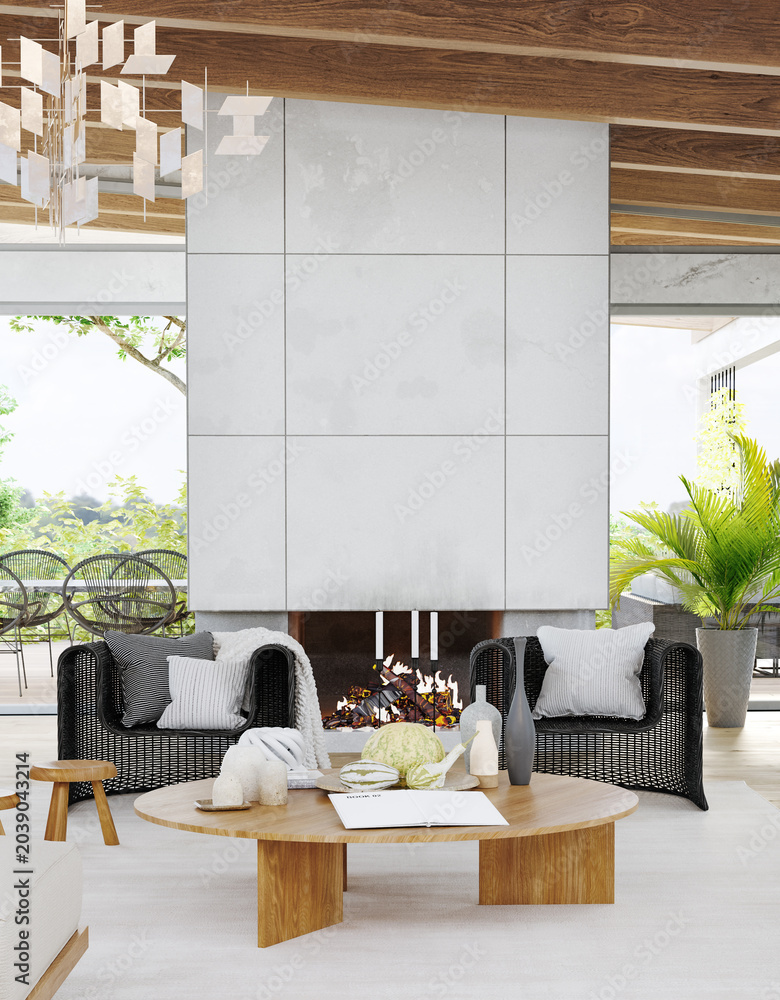 Fototapeta premium Organic Modern Luxury Interior with Biophilic Design Elements, 3d render