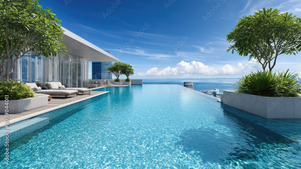Fototapeta premium Luxurious hotel swimming pool with palm trees and sun loungers under a clear summer sky, creating a perfect scene for an exclusive and relaxing summer vacation