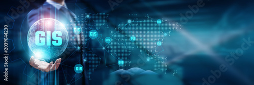 Hand touching with a global network connection, representing GIS technology, innovation, and futuristic advancements in mapping, analysis, and data integration worldwide.