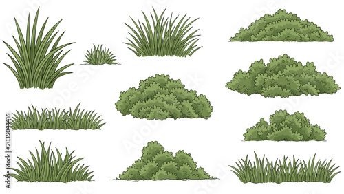 Set of hand-drawn green grass and shrubbery sketches perfect for landscaping and garden design illustrations on white.