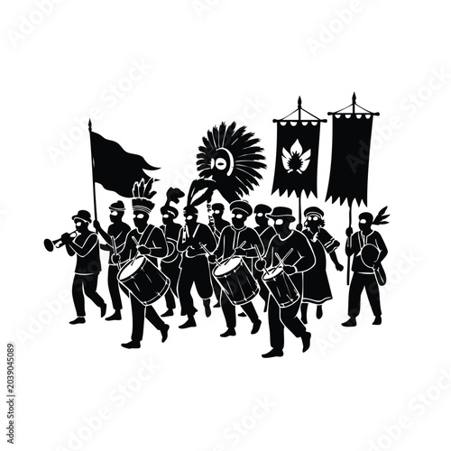 Quadro su tela Parade procession with people playing drums and holding banners vector set