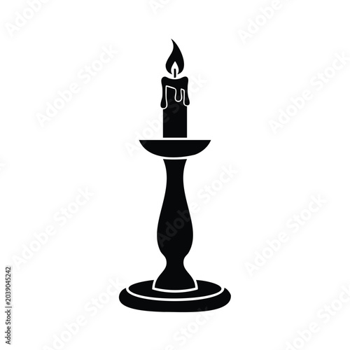 Vintage style burning candle on tall holder silhouette vector icon set.