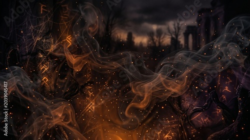Spooky halloween cinematic background with glowing runes and smoke