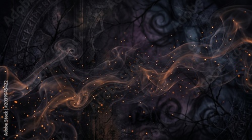 Eerie halloween cinematic background with glowing particles and dark forest