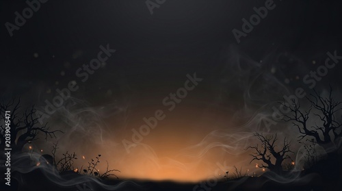 Spooky halloween cinematic background with bare trees and glowing orange fog
