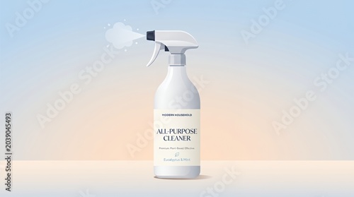 White all-purpose cleaner spray bottle on clean background.