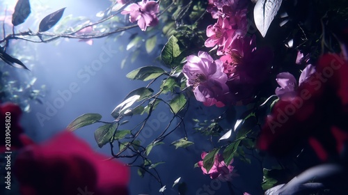 Mysterious Forest Bloom: Pink Rhododendron Flowers in Enchanting Light