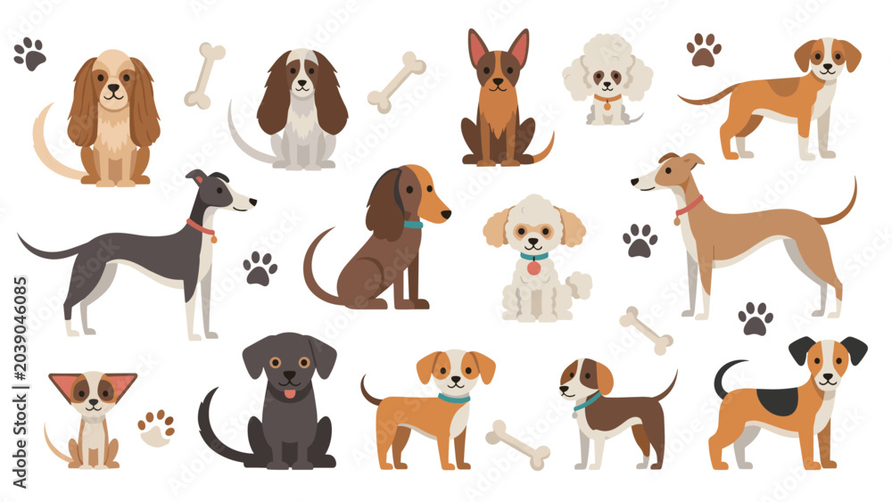 Fototapeta premium Diverse set of cute dog breed illustrations including a poodle, dachshund, golden retriever, and various other popular types.