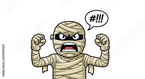 Grumpy cartoon mummy wrapped in bandages with an angry expression and clenched fists showing a swear word speech bubble.