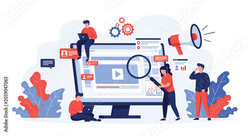 Digital marketing concept with people working around a large monitor featuring video content, analysis, and promotion.