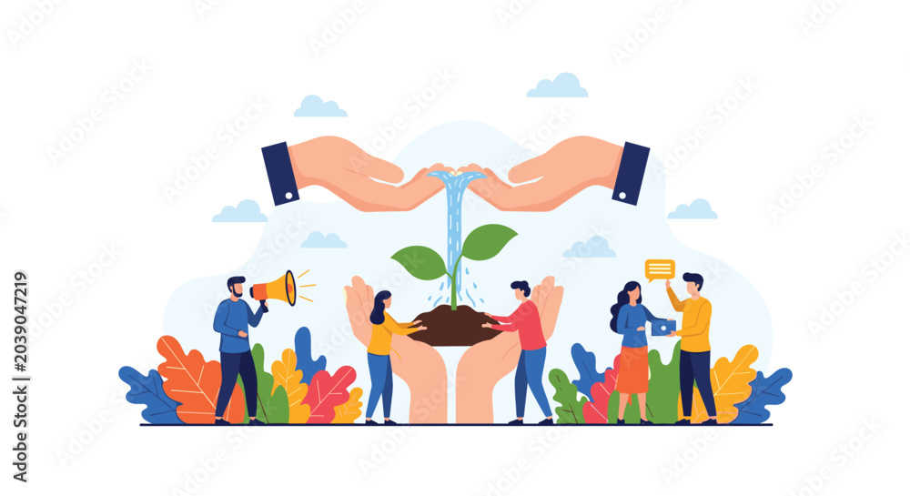 Fototapeta premium Team of people collaborating to care for a small plant held in giant hands symbolizing environmental support and growth.