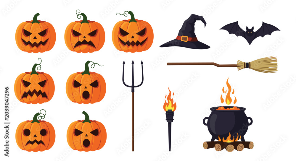 Fototapeta premium Large set of halloween themed icons including carved pumpkins, witch hat, bat, broom, torch, and a boiling cauldron.